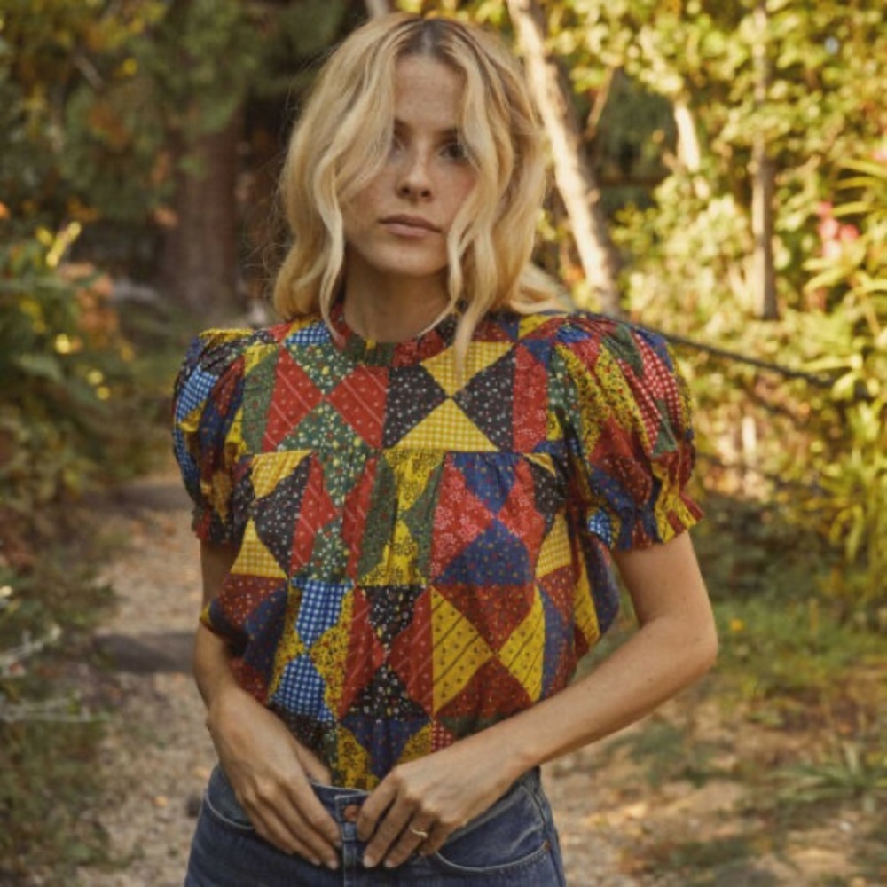 NWT - DOEN Alida Countryside Patchwork Print Puff sleeve Top